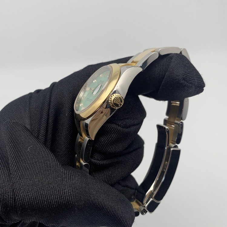 Rolex 劳力士 女装日志型系列，279163。28毫米表径，18K黄金/精钢表壳，薄荷绿面盘，钻石时标，3点位置日期显示，2236自动上弦机械机芯，专柜定价：81100元。 单表附保卡。