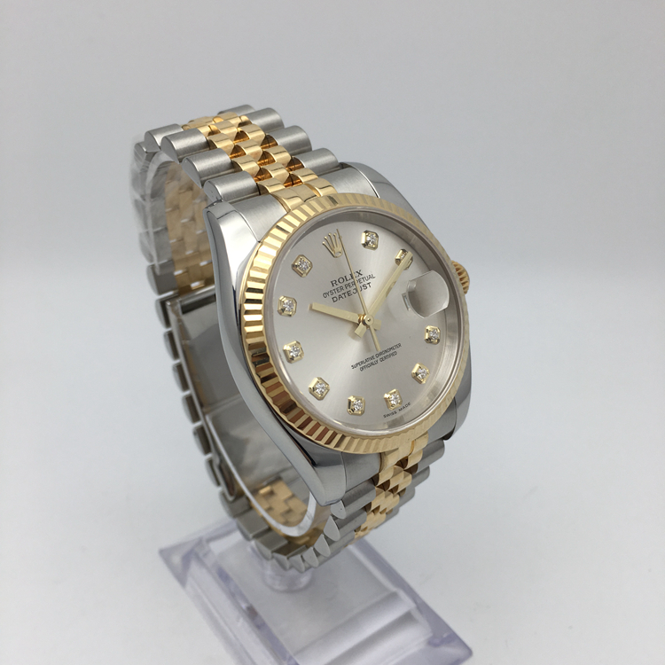 ROLEX 劳力士 日志型系列，116233。36毫米表径，18K黄金/精钢表壳，银色面盘，钻石时标，3点位置日期显示，自产3135自动上弦机械机芯，动力储备48小时，专柜定价：100800元。 全套附件齐全。