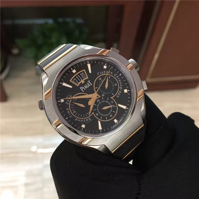 PIAGET 伯爵 POLO系列，G0A36002。45毫米表径，钛金属/18K玫瑰金表壳，黑色面盘，18K玫瑰金荧光时标，配有小秒针，备有日期显示和第二时区功能。蓝宝石水晶透明底盖，搭载伯爵制880P PVD手动上链超薄计时机械机芯。专柜定价：209700元。 未使用品全套附件齐全。