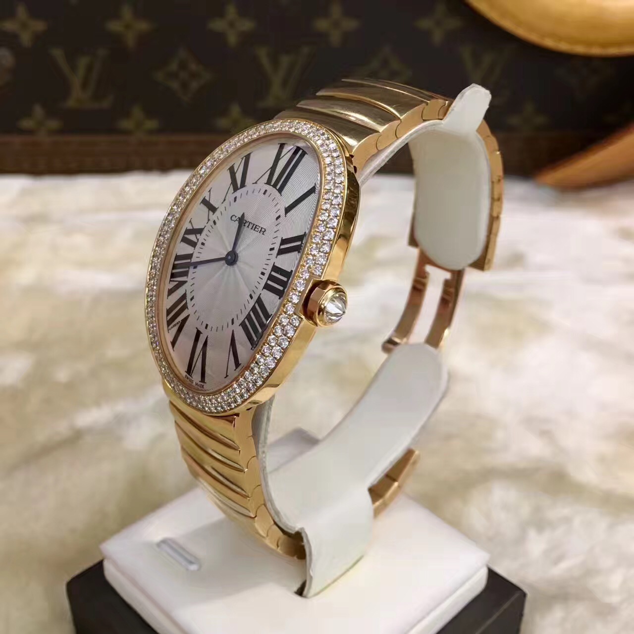 卡地亚 浴缸WB520003 最大号 玫瑰金原镶钻圈 32*44mm 手动机械