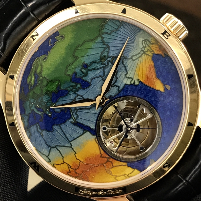 Jaeger-LeCoultre 积家 master 大师系列，Q1652423。43毫米表径，18K玫瑰金表壳，珐琅掐丝彩绘，罕见亚非欧板块，6点位置陀飞轮装置。全球限量30枚。自动上弦机械机芯，动力储备48小时。 全套附件齐全。