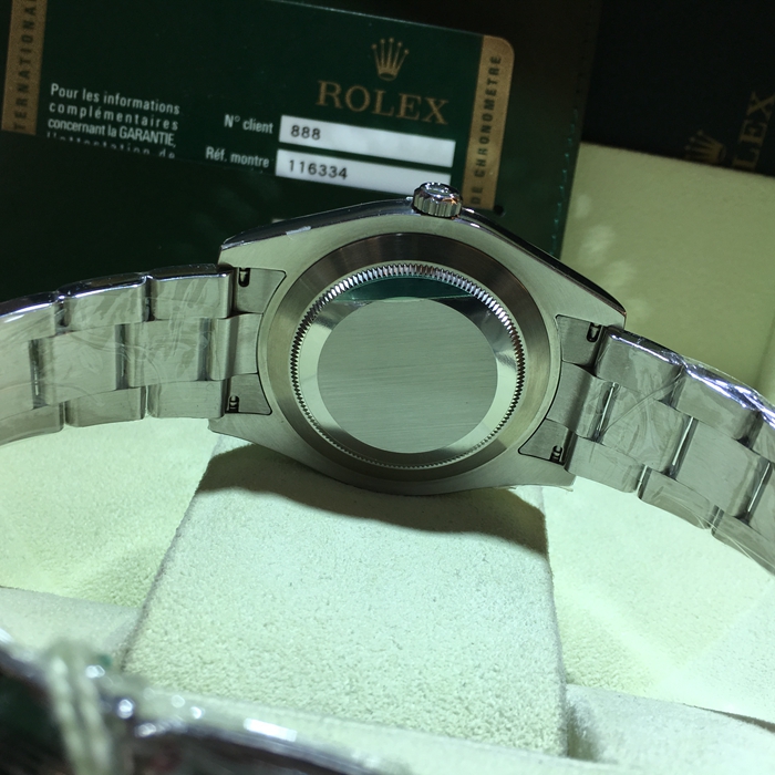 Rolex 劳力士 日志型系列，116334。41毫米表径，18K白金/精钢表壳，深蓝色面盘，罗马数字时标，3点位置日历显示，自产3136型自动上弦机械机芯，动力储备48小时。 未使用品全套附件齐全。