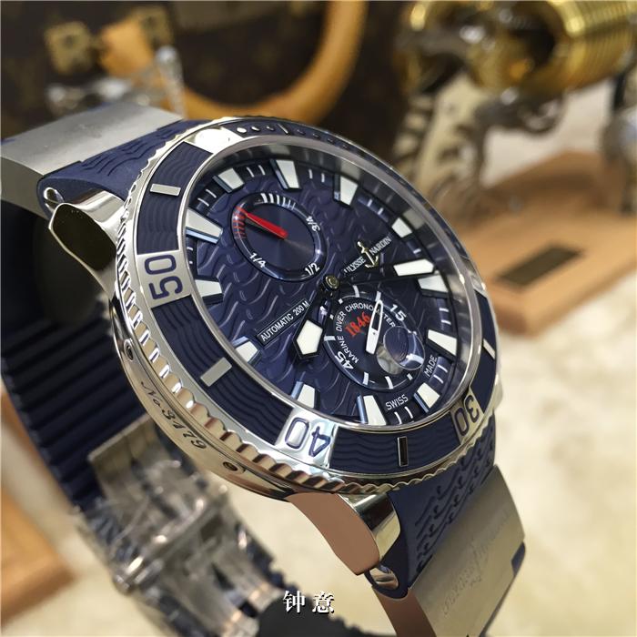 Ulysse Nardin 雅典航海系列，263-90-3/93。钛金属45毫米表径，背透自动机械，小三针，日历显示，动力储备显示，橡胶表带折叠扣。专柜定价：8300欧元。 未使用品全套附件齐全。
