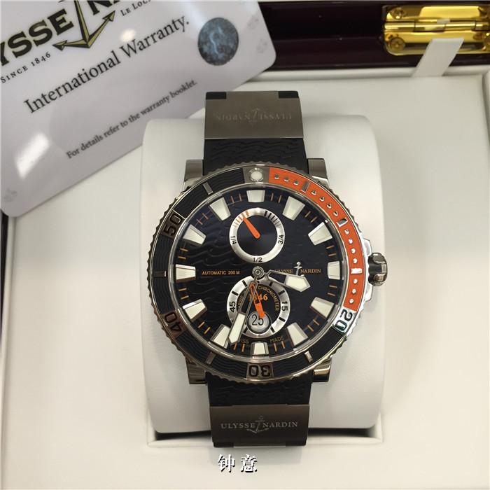Ulysse Nardin 雅典航海系列，263-90-3/92。钛金属45毫米表径，背透自动机械，小三针，日历显示，动力储备显示，橡胶表带折叠扣。专柜定价：8300欧元。 未使用品全套附件齐全。
