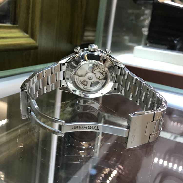 Tag Heuer 泰格豪雅 卡莱拉系列，CAR2014.BA0796。43毫米表径，精钢表壳，黑色面盘，日期显示、计时功能，Cal.1887自动上弦机械机芯，动力储备50小时，专柜定价：51000元。 全套附件齐全。