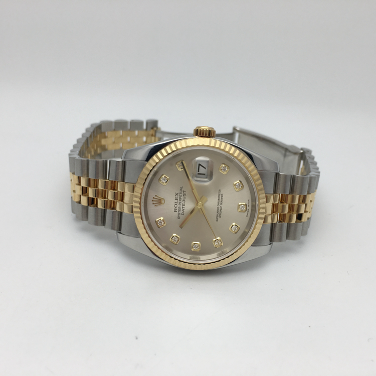 ROLEX 劳力士 日志型系列，116233。36毫米表径，18K黄金/精钢表壳，银色面盘，钻石时标，3点位置日期显示，自产3135自动上弦机械机芯，动力储备48小时，专柜定价：100800元。 全套附件齐全。