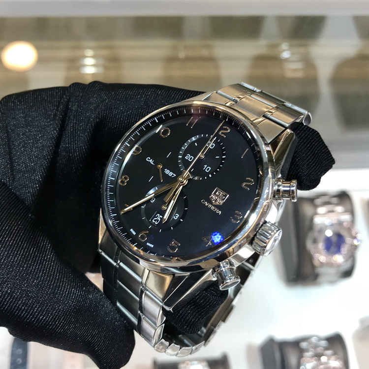 Tag Heuer 泰格豪雅 卡莱拉系列，CAR2014.BA0796。43毫米表径，精钢表壳，黑色面盘，日期显示、计时功能，Cal.1887自动上弦机械机芯，动力储备50小时，专柜定价：51000元。 全套附件齐全。