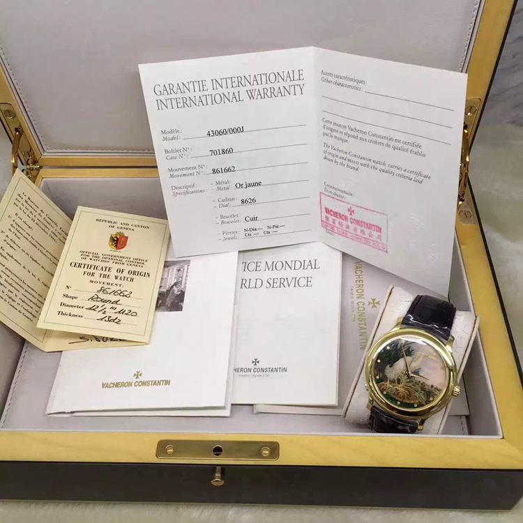 Vacheron Constantin 江诗丹顿，VC43060/000J。38毫米表径，18K黄金表壳，掐丝珐琅白莺面盘，将官底盖，自动机械，21G雕花摆陀，日内瓦印记，罕见艺术收藏品，值得拥有！ 全套附件齐全。