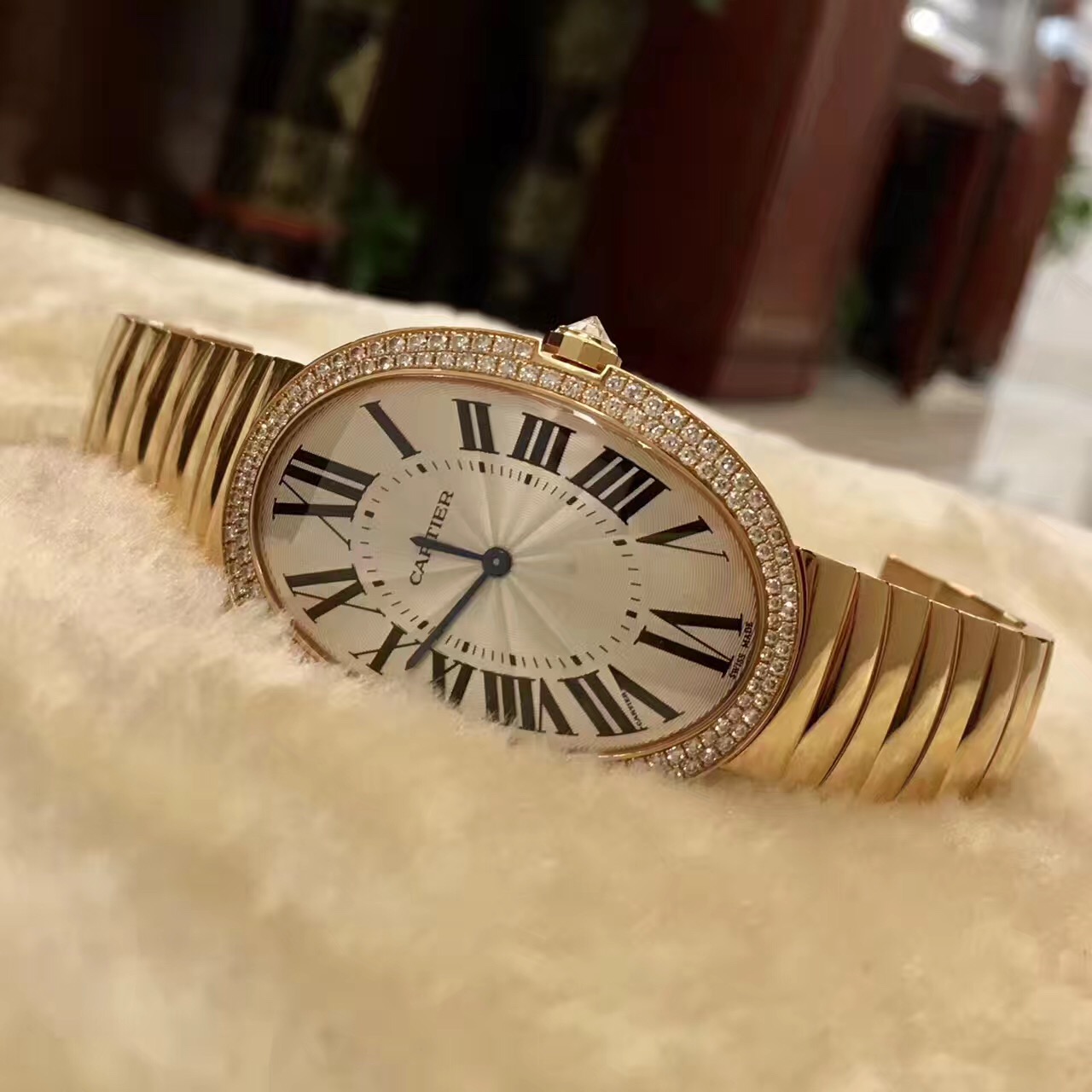 卡地亚 浴缸WB520003 最大号 玫瑰金原镶钻圈 32*44mm 手动机械