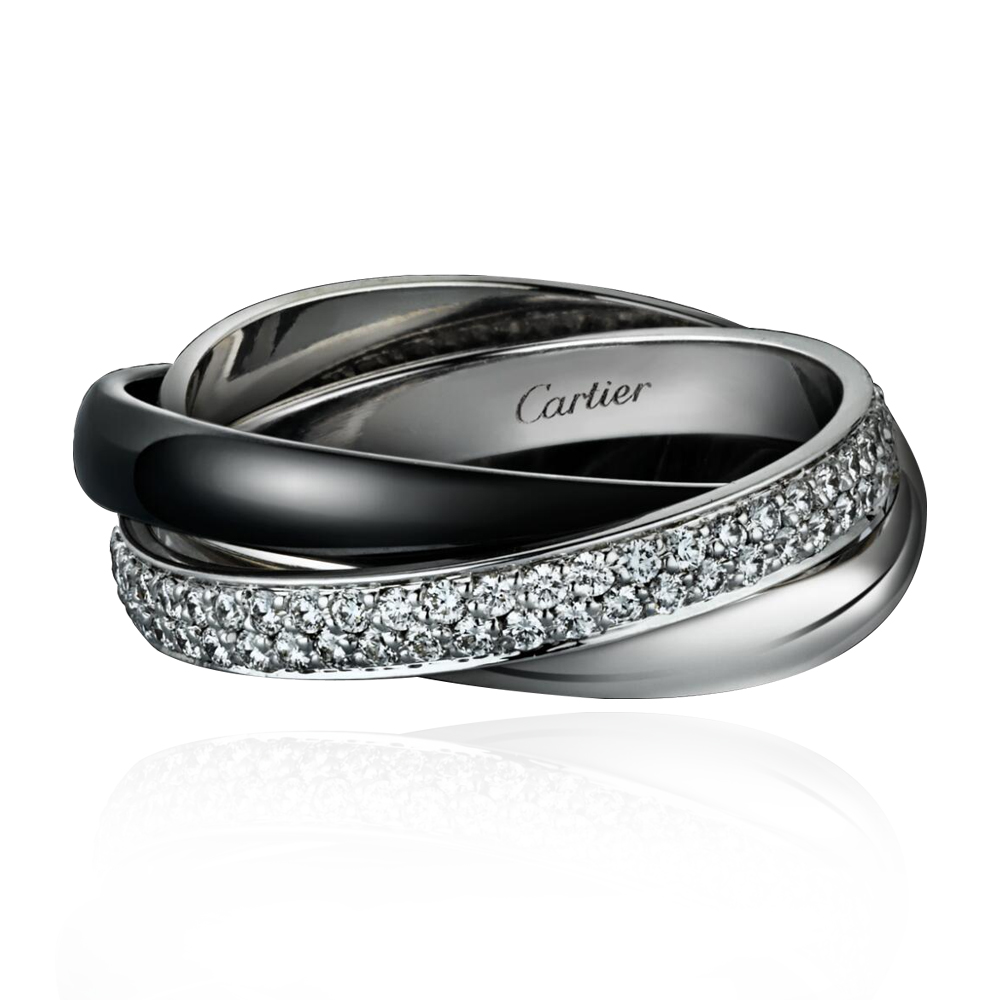 Cartier 卡地亚 TRINITY DE CARTIER 系列，B4095500。Trinity de Cartier戒指，小号款，18K白金，黑色精密陶瓷，镶嵌100颗总重0.45克拉的圆形明亮式切割钻石。尺寸：51号，专柜定价：47800元。