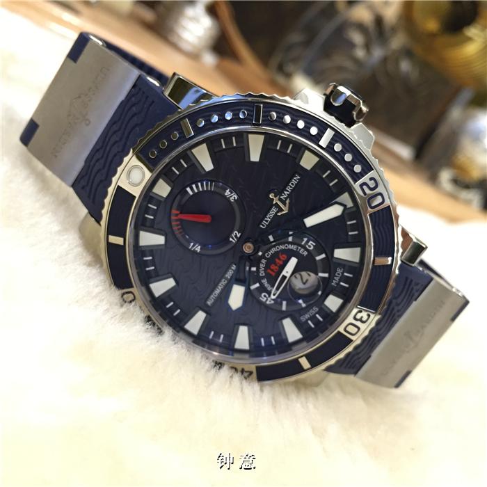 Ulysse Nardin 雅典航海系列，263-90-3/93。钛金属45毫米表径，背透自动机械，小三针，日历显示，动力储备显示，橡胶表带折叠扣。专柜定价：8300欧元。 未使用品全套附件齐全。