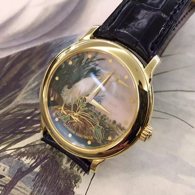 Vacheron Constantin 江诗丹顿，VC43060/000J。38毫米表径，18K黄金表壳，掐丝珐琅白莺面盘，将官底盖，自动机械，21G雕花摆陀，日内瓦印记，罕见艺术收藏品，值得拥有！ 全套附件齐全。