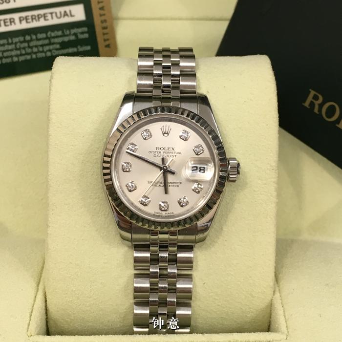 Rolex 劳力士 女装日志型系列，179174。26毫米表径，18K白金/精钢表壳，银面钻刻，3点位置日期显示，自动上弦机械机芯。 全套附件齐全。