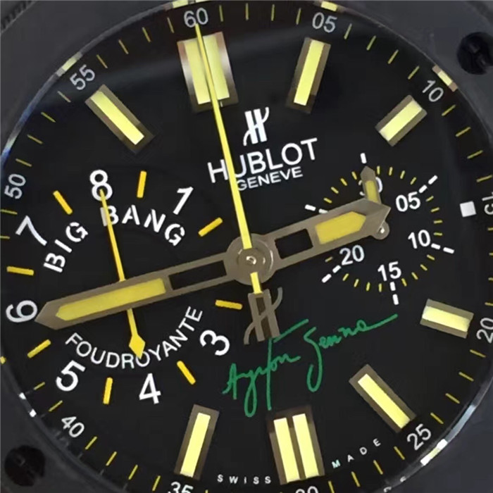 Hublot 宇舶 Bigbang 大爆炸系列，315.CI.1129.RX.AES09。F1赛车手塞纳纪念限量款。黑陶瓷表壳，44毫米表径，自动上弦机械机芯，带计时，1/4秒指针。专柜定价：231200元。宇舶自产自动机械千秒计时机芯，这款是为了纪念巴西著名赛车手艾尔顿·塞纳（Ayrton Senna, 1960年3月21日─1994年5月1日）曾经于1988年、1990年、1991年三度夺取F1世界冠军。不幸的是塞纳于1994年圣玛利诺站一场事故中不幸身亡！塞纳是赛车历史上最受欢迎的车手，相当受到车迷的爱戴，更被誉为F1史上最伟大的车手之一。