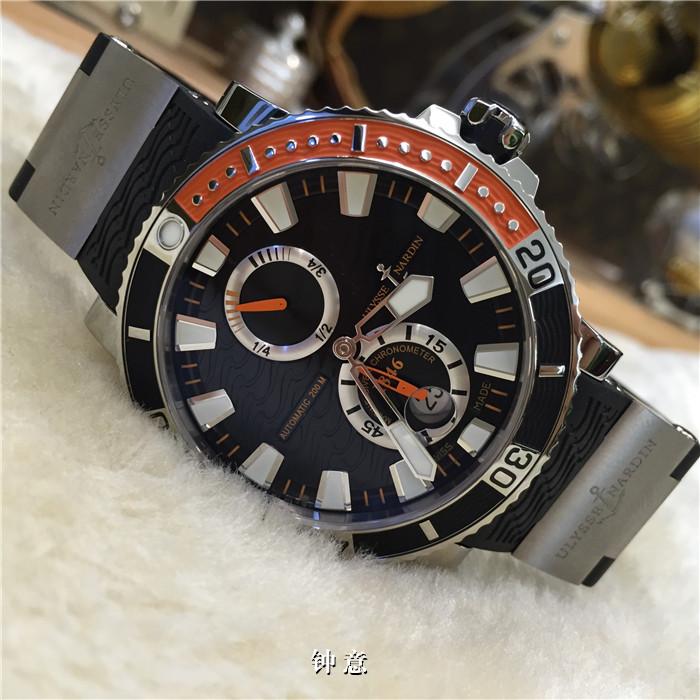 Ulysse Nardin 雅典航海系列，263-90-3/92。钛金属45毫米表径，背透自动机械，小三针，日历显示，动力储备显示，橡胶表带折叠扣。专柜定价：8300欧元。 未使用品全套附件齐全。