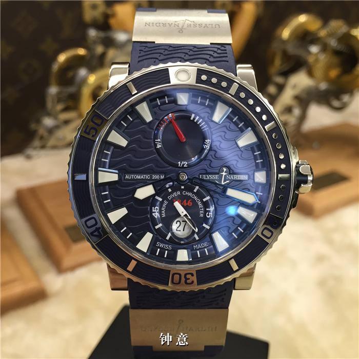 Ulysse Nardin 雅典航海系列，263-90-3/93。钛金属45毫米表径，背透自动机械，小三针，日历显示，动力储备显示，橡胶表带折叠扣。专柜定价：8300欧元。 未使用品全套附件齐全。