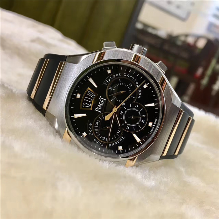 PIAGET 伯爵 POLO系列，G0A36002。45毫米表径，钛金属/18K玫瑰金表壳，黑色面盘，18K玫瑰金荧光时标，配有小秒针，备有日期显示和第二时区功能。蓝宝石水晶透明底盖，搭载伯爵制880P PVD手动上链超薄计时机械机芯。专柜定价：209700元。 未使用品全套附件齐全。