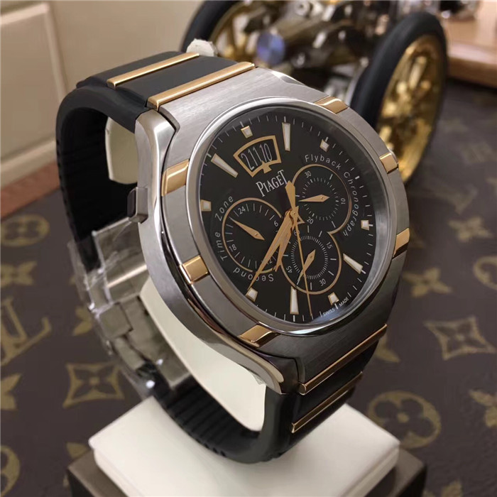 PIAGET 伯爵 POLO系列，G0A36002。45毫米表径，钛金属/18K玫瑰金表壳，黑色面盘，18K玫瑰金荧光时标，配有小秒针，备有日期显示和第二时区功能。蓝宝石水晶透明底盖，搭载伯爵制880P PVD手动上链超薄计时机械机芯。专柜定价：209700元。 未使用品全套附件齐全。