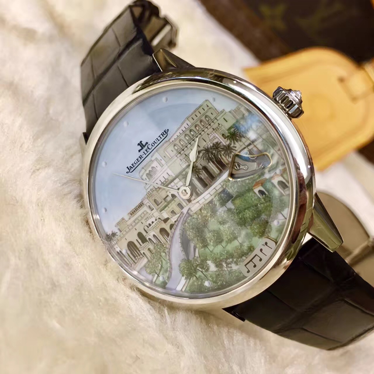 Jaeger-LeCoultre 积家 Rendez-Vous Ivy Minute Repeater约会系列，Q3506407。?常春藤三问腕表，阿曼国王皇室定制款。39毫米表径，pt950铂金表壳表扣，自动机械上弦机芯。融合美学设计和精湛工艺，是高级制表界不可多得的典范之作。腕表以大明火彩绘珐琅案装饰，令人浮想联翩，演绎梦幻传奇，尽显时间之弥足珍贵。全球限量定制41支，专柜定价：2950000元。 全套附件齐全。