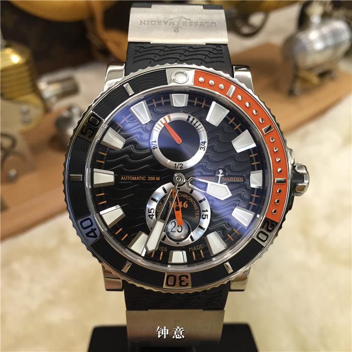 Ulysse Nardin 雅典航海系列，263-90-3/92。钛金属45毫米表径，背透自动机械，小三针，日历显示，动力储备显示，橡胶表带折叠扣。专柜定价：8300欧元。 未使用品全套附件齐全。