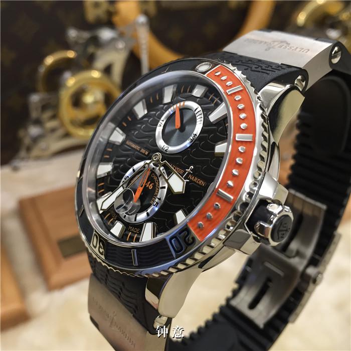 Ulysse Nardin 雅典航海系列，263-90-3/92。钛金属45毫米表径，背透自动机械，小三针，日历显示，动力储备显示，橡胶表带折叠扣。专柜定价：8300欧元。 未使用品全套附件齐全。